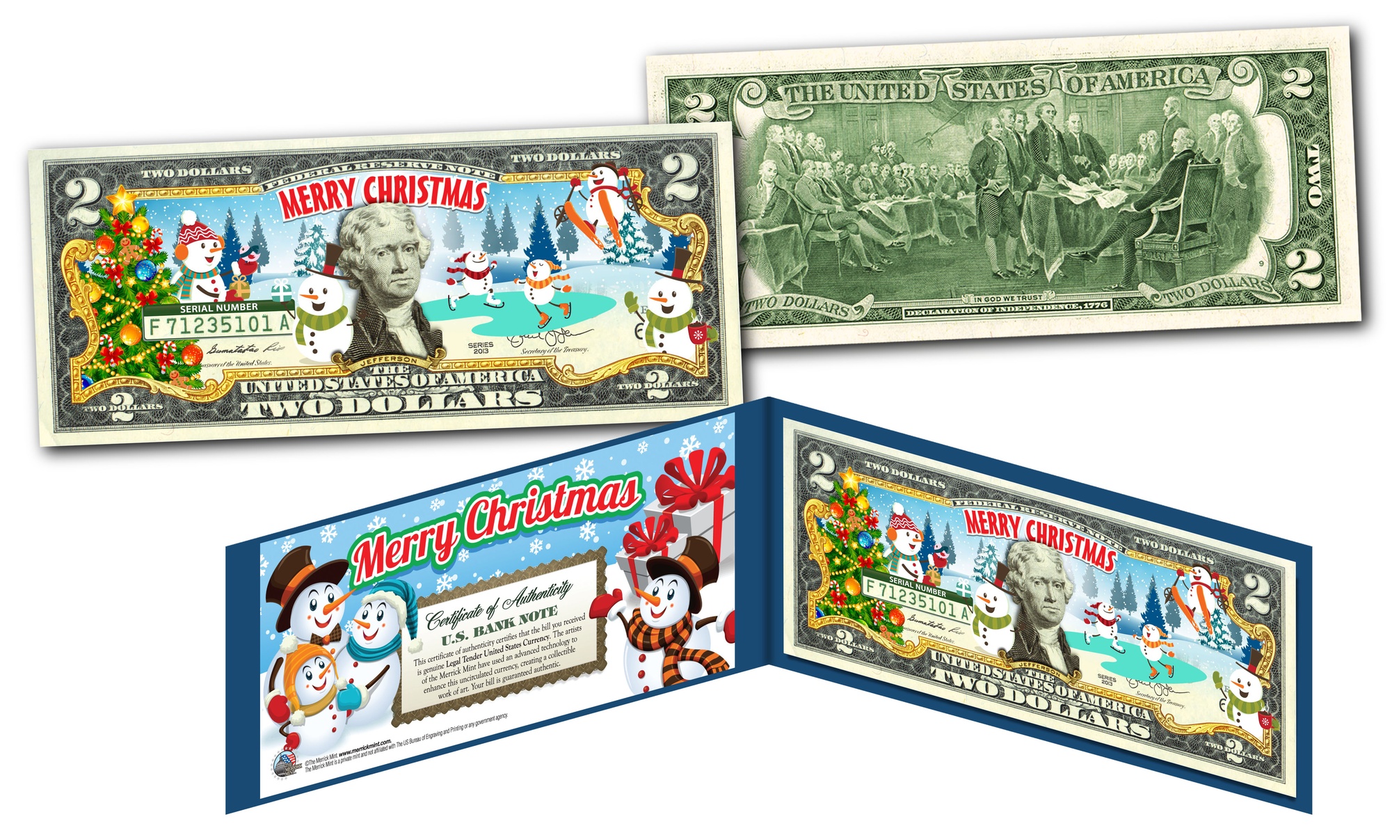Cute Christmas Cartoon Snowman Legal Tender 2 Dollar Bill  Best Stocking Stuffer