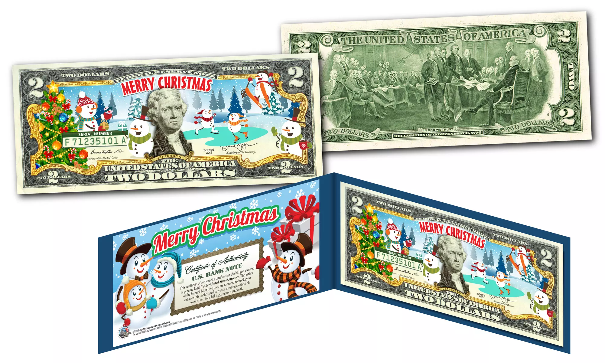Cute Christmas Cartoon Snowman Legal Tender 2 Dollar Bill  Best Stocking Stuffer - Primary Image