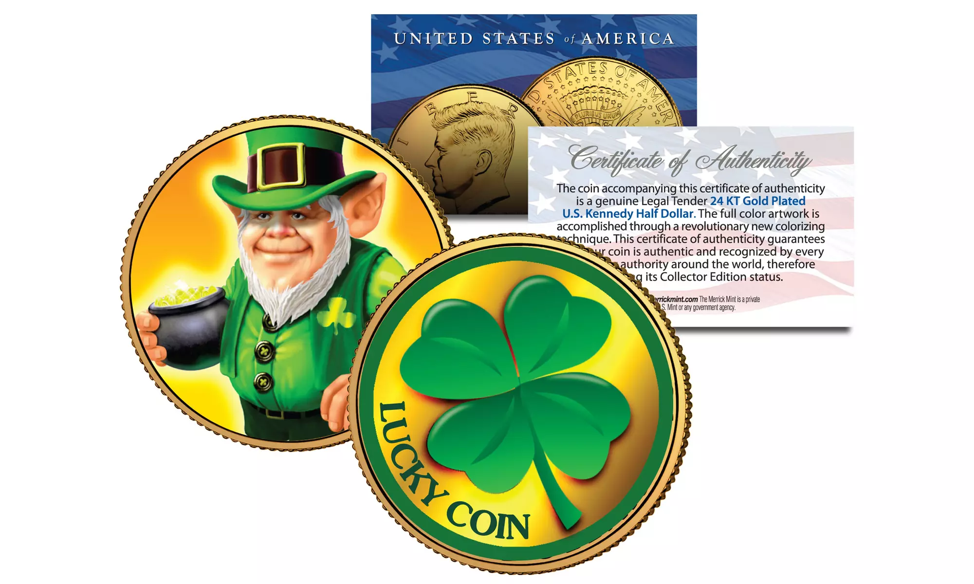 LEPRECHAUN Four Leaf Clover JFK Half Dollar Lucky 2-sided Coin  St Patrick's Day - Primary Image