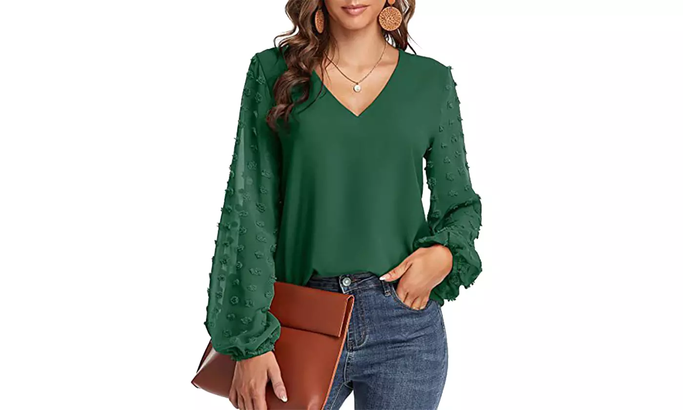 Women Lantern Sleeve V Neck Chiffon Blouses Casual Work Shirts