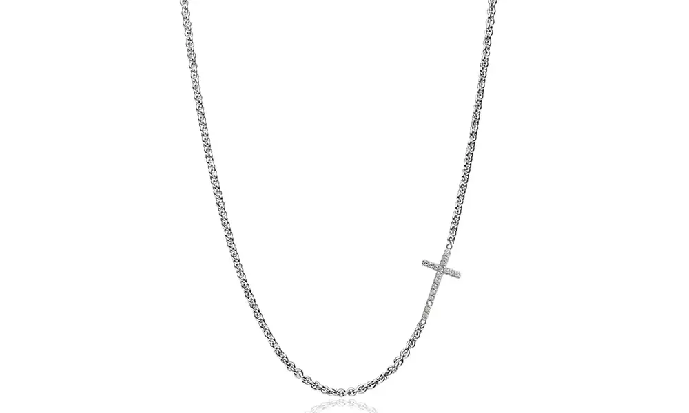 Cross Cubic Zirconia Sideways Chain Necklace in Sterling Silver - Primary Image