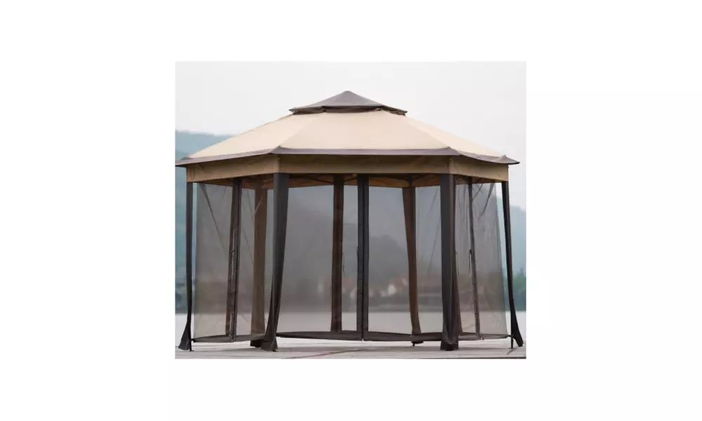 U-style Iron hexagon Patio Gazebo khaki
