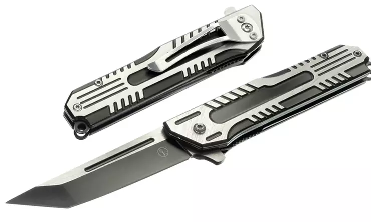 4.5" Black Metal Machining Design Pocket Knife Clip & Lanyard Hole Tanto Blade 