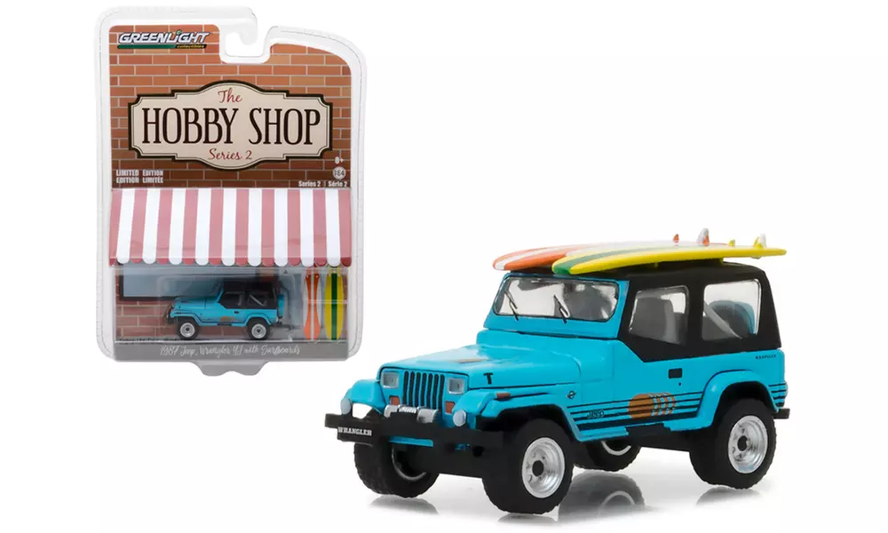 1987 Jeep Wrangler YJ Blue with Surf Board "The Hobby Shop" Series 2 Car - Primary Image