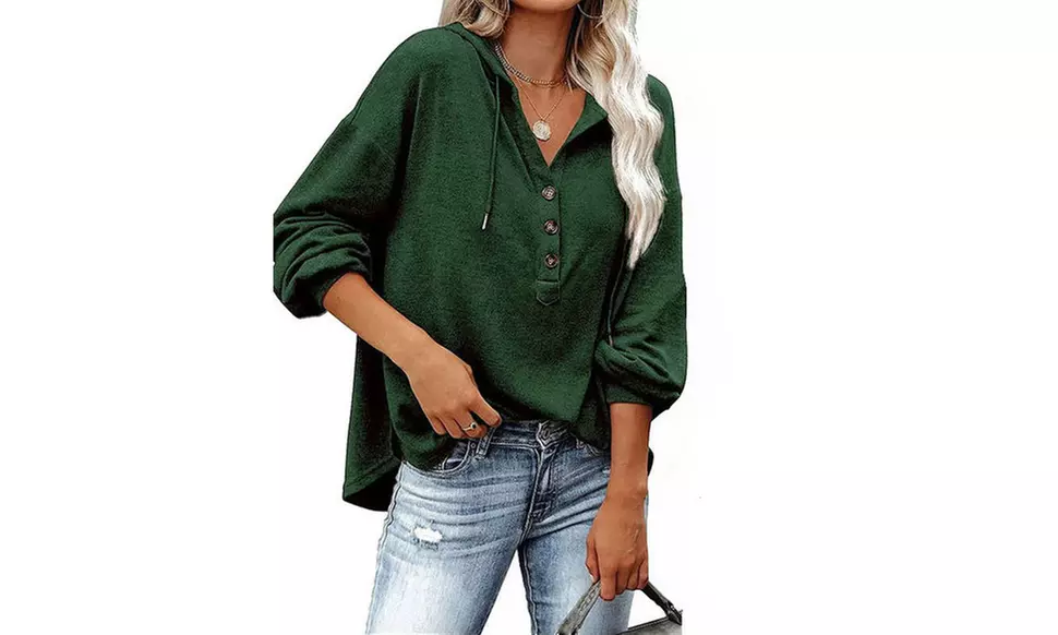 Women Drawstring V Neck Long Sleeve Henley Shirts Button Hoodies Tunic Tops