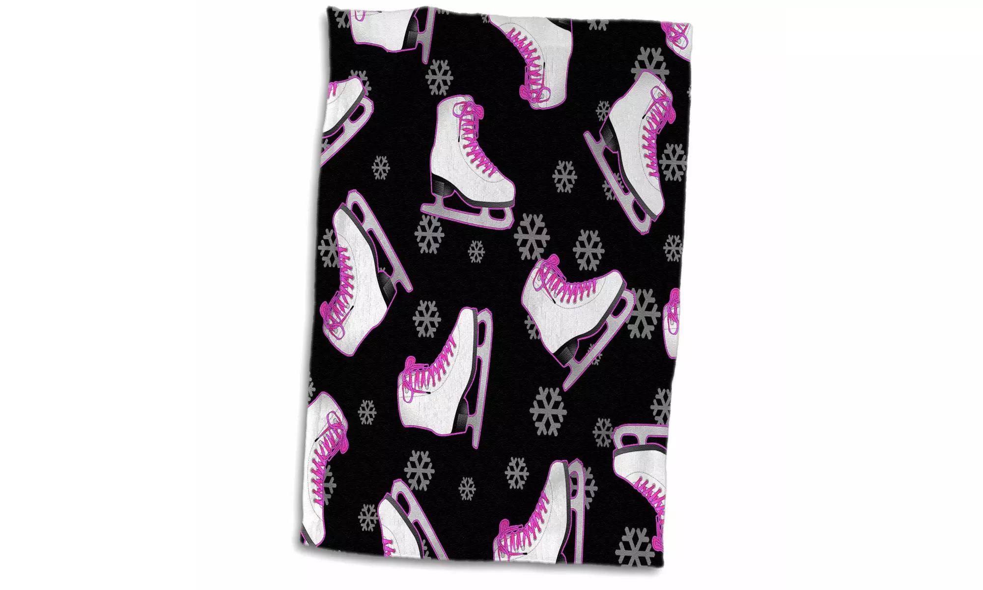  Towel - Figure Skating - Skate and Snowflake Print - Black and Pink - 15 by 22 - Primary Image