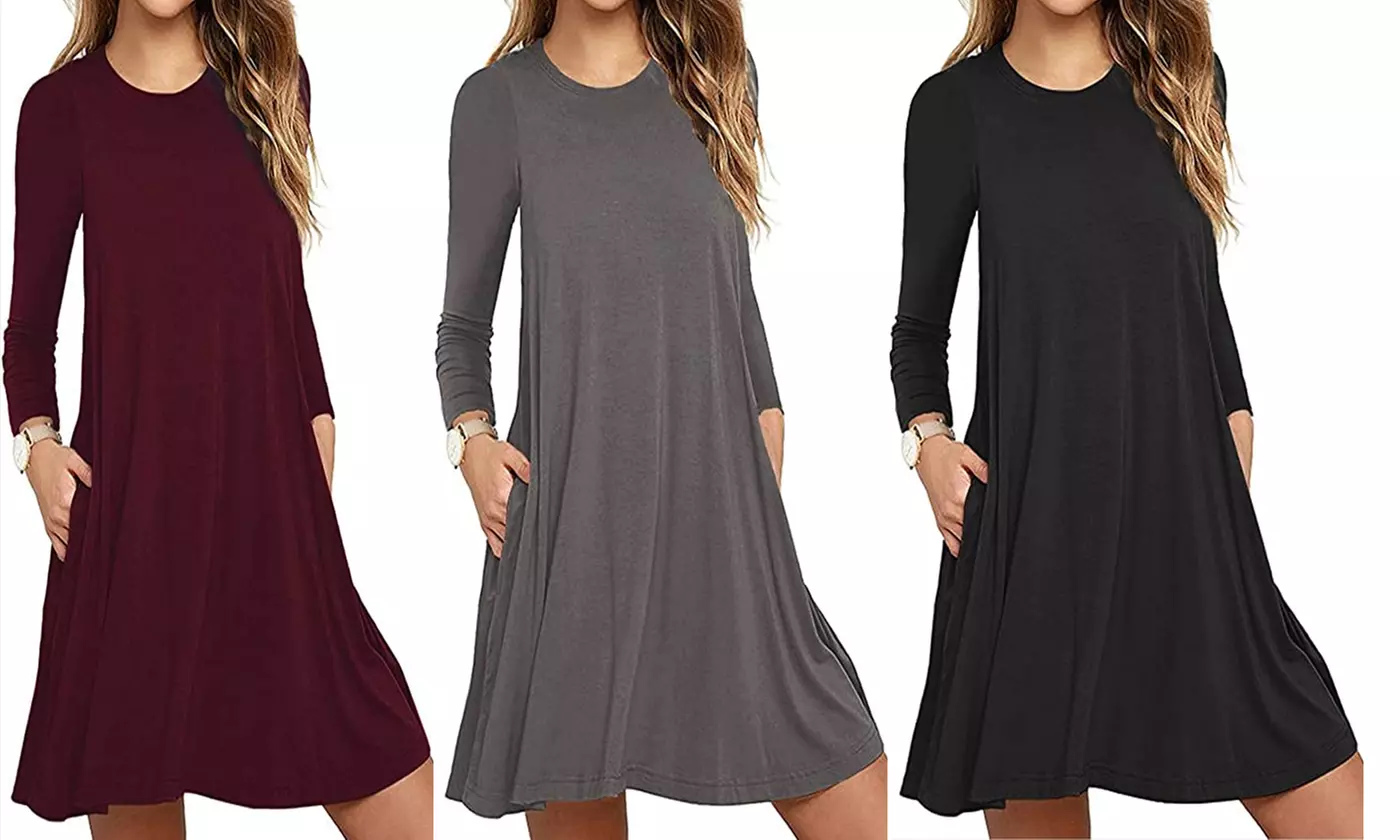 Women's Solid Color Long Sleeve Pocket Casual Loose T-Shirt Dress - Primary Image