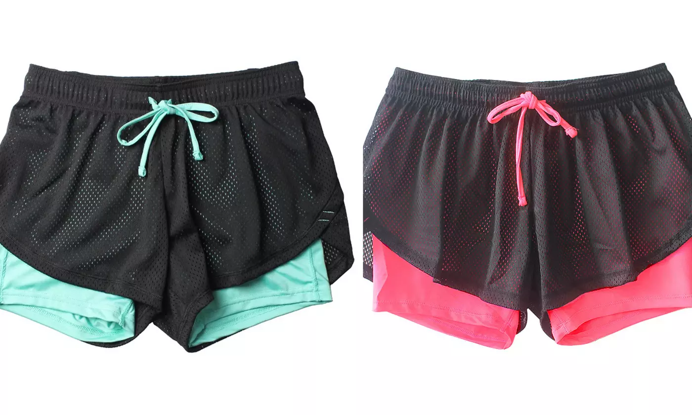 Women's Double-Layer Yoga Shorts Drawstring Fake Two-Piece Running Shorts - Primary Image