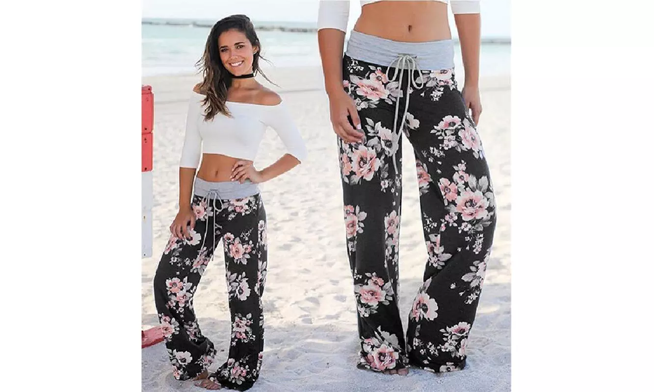 Women's Comfy Stretch Floral Print Drawstring Palazzo Wide Leg Lounge Pants - Primary Image