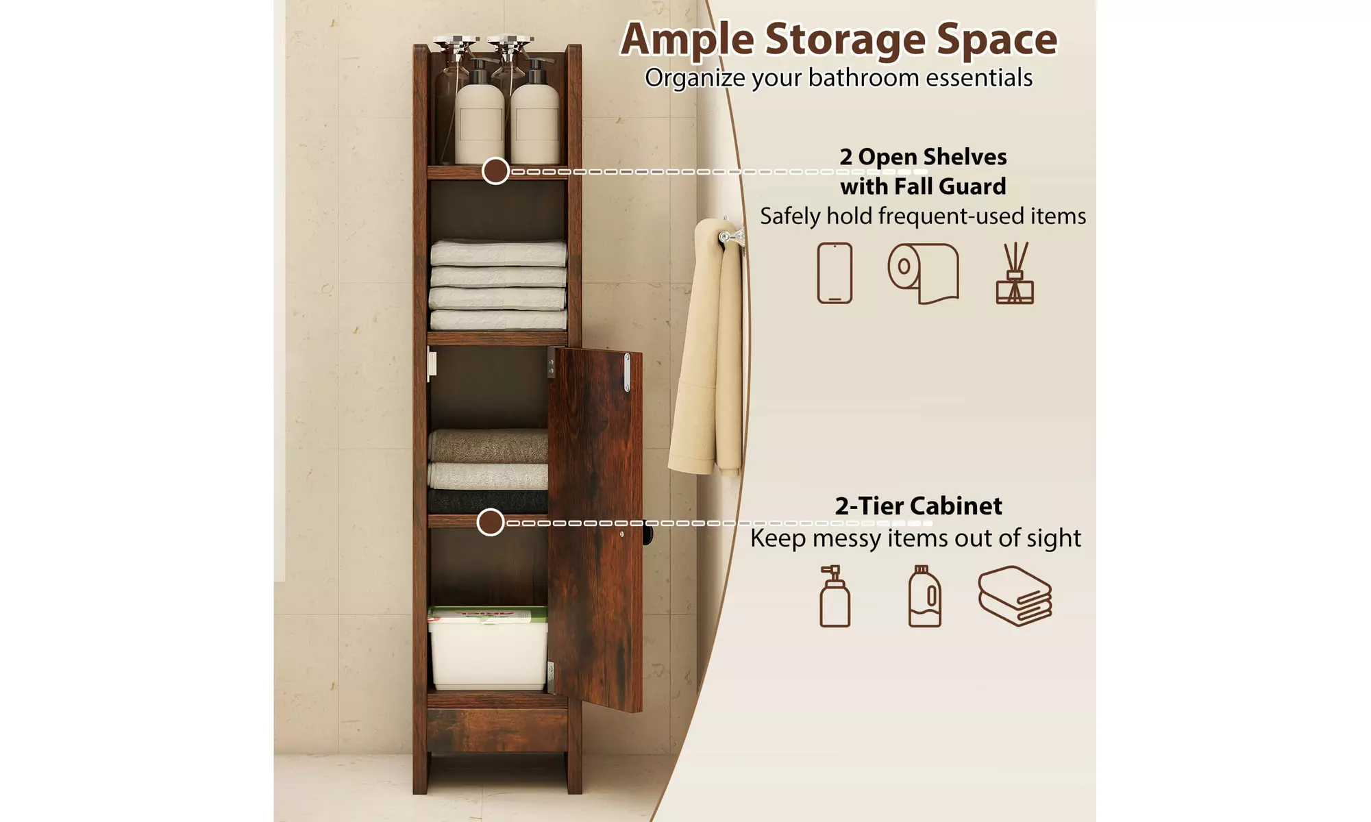 Costway Bathroom Storage Cabinet with Adjustable Shelf 1 Door & 2 Open Shelves