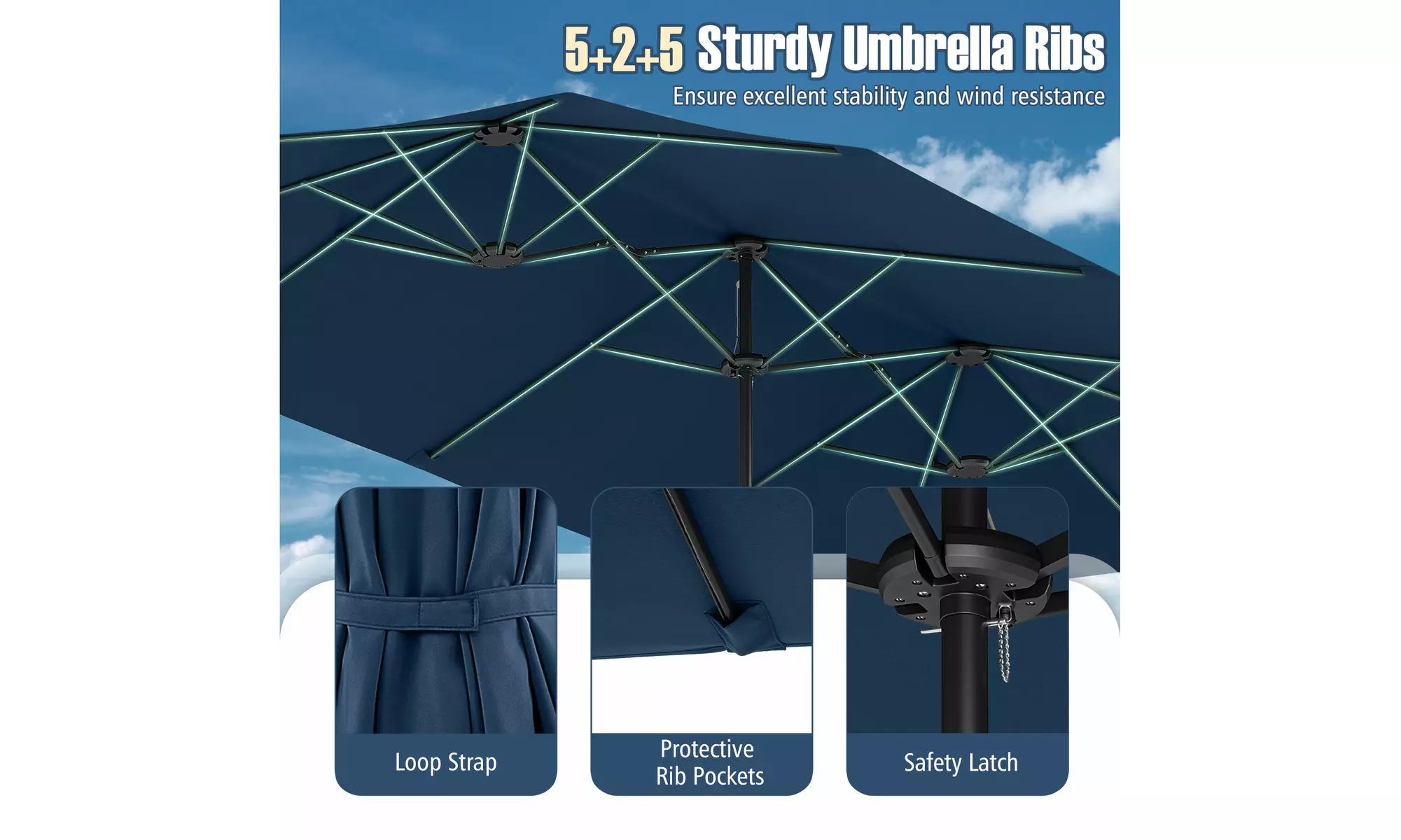 Costway 15.5 FT Extra-Large Patio Umbrella with LED Solar Lights