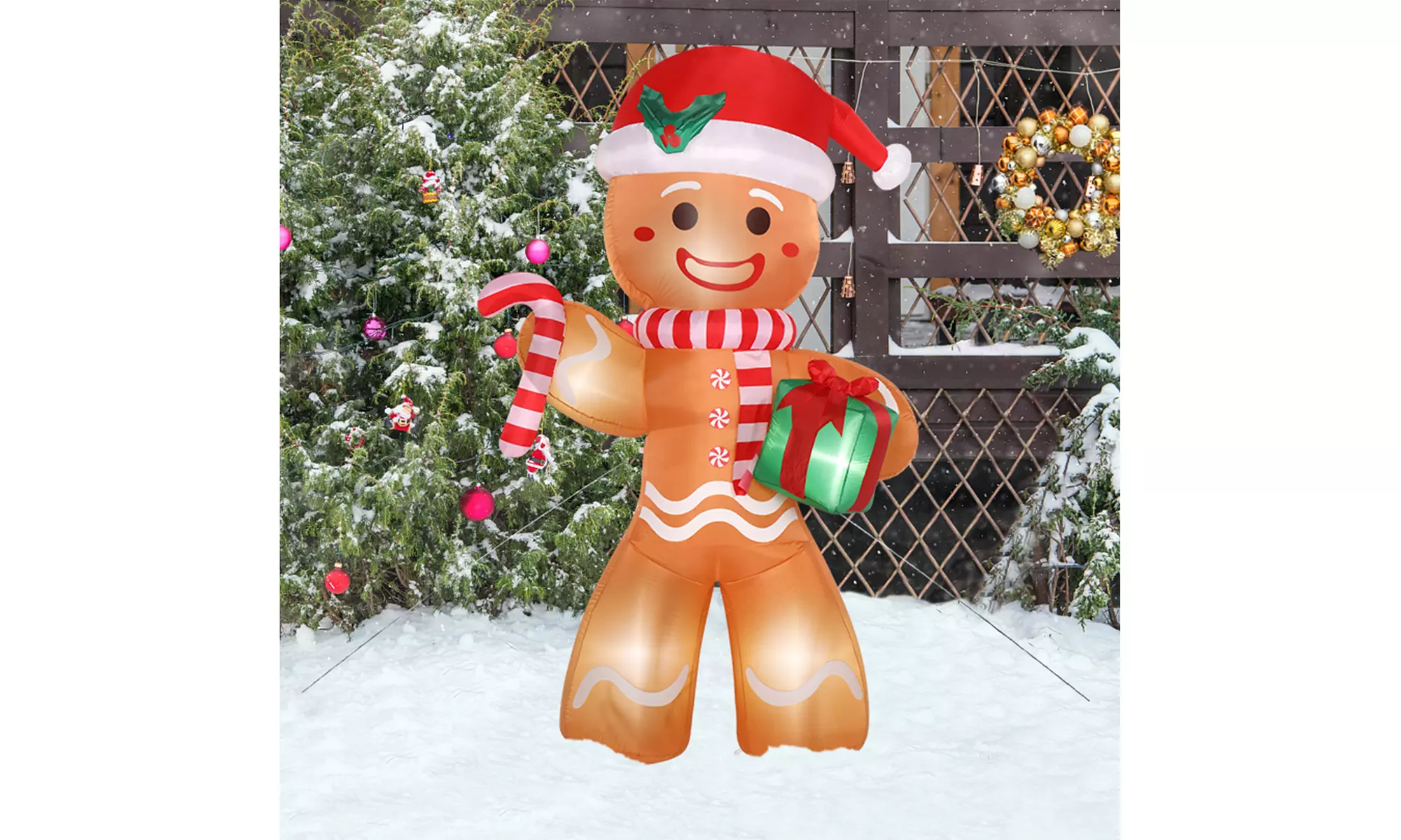 8ft 5 LED Lights Gingerbread Man Holding Gift Garden Gingerbread Man Decoration