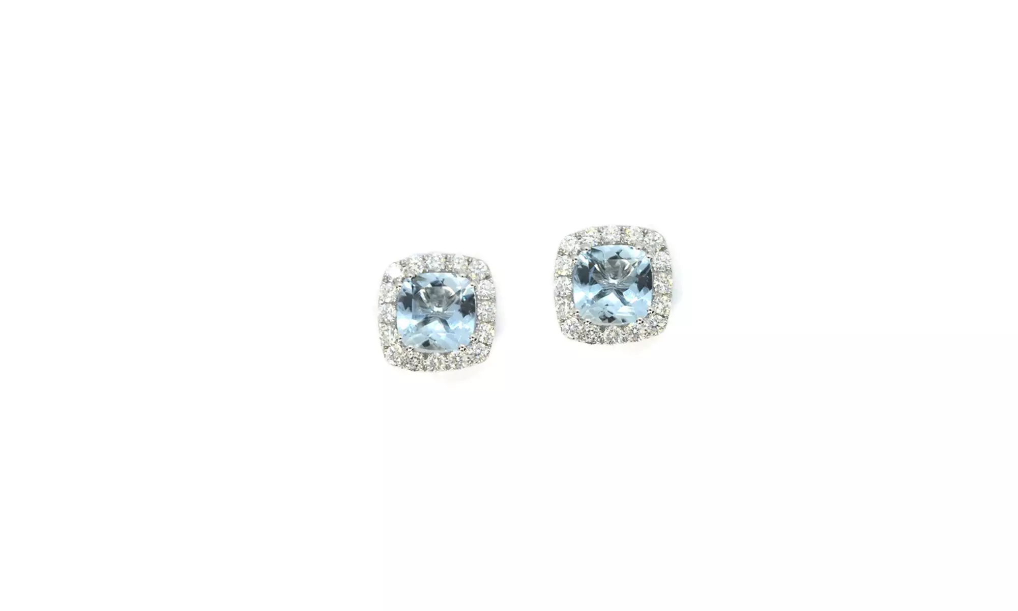 White Gold Plated 2 Ct Princess Aquamarine Halo Stud Earrings - Primary Image