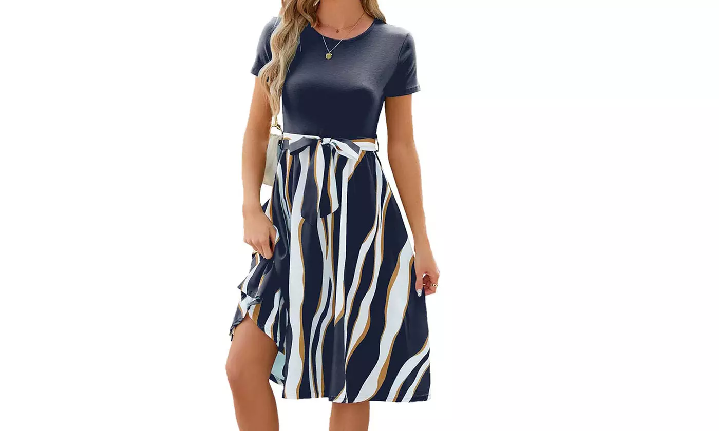 Women's Two Tone Belted A Line Dress