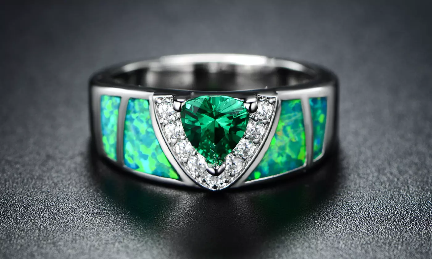 Mossy Green Opal Inlay Ring WithTrillion-Cut Lab-Created Emerald - Primary Image