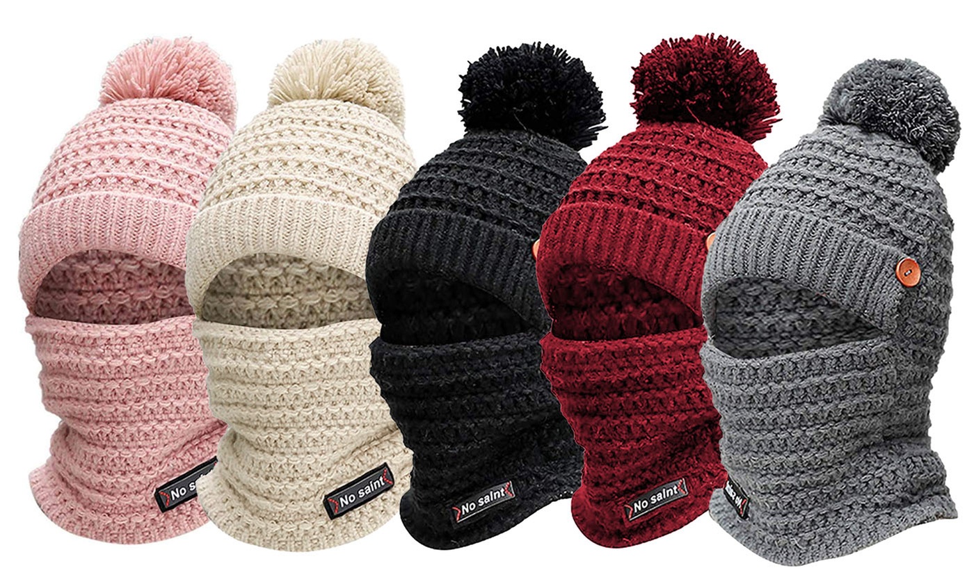 Women Knit Scarf Hat Set Winter Warm Solid Pom Soft Venonat Beanie Caps Scarves