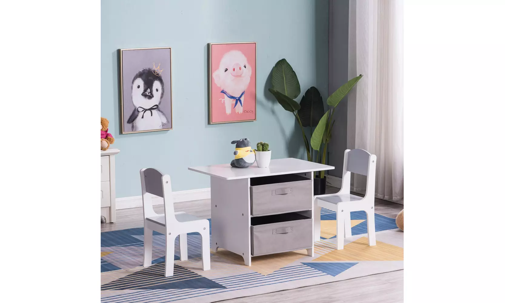 3 Pcs Wood Children Kids Table and Chair Set with Storage - Primary Image