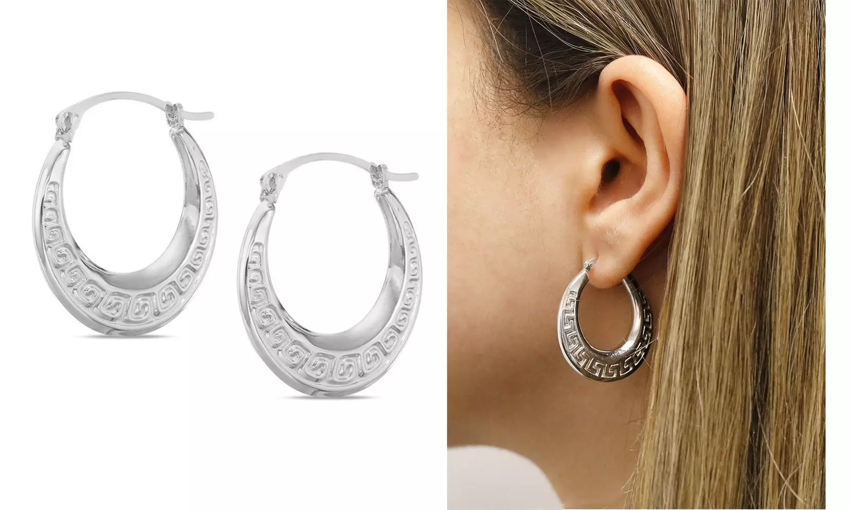Italian 925 Sterling Silver Greek Key Hoop Earrings 
