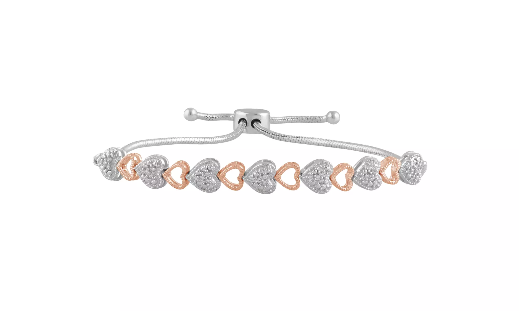 Sterling Silver Two-Tone 1/10 CT Diamond Heart Shape Bolo Bracelet for Women Mom