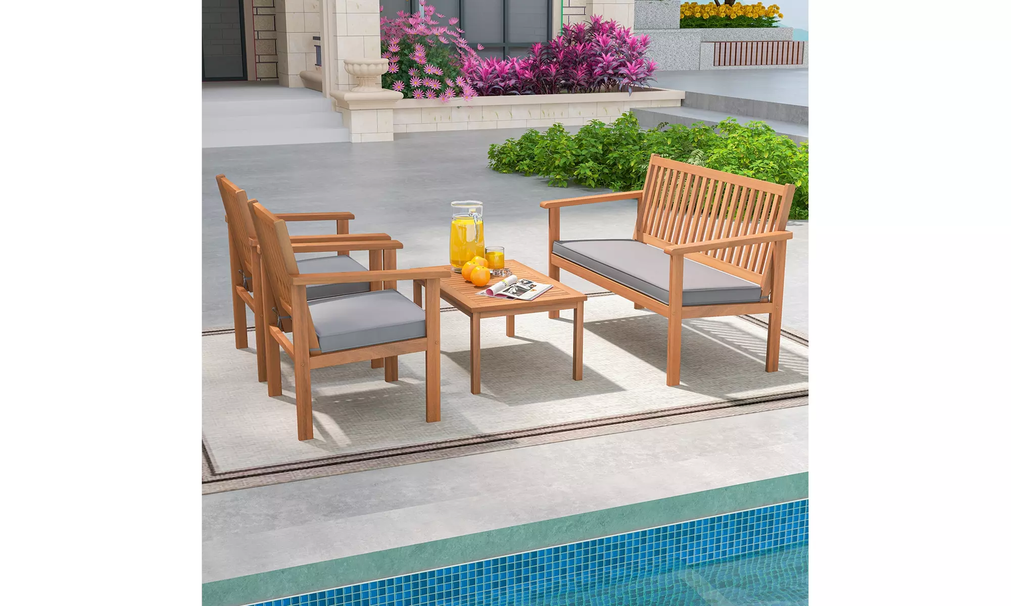 Costway 4 PCS Patio Wood Furniture Set with Loveseat, 2 Chairs & Coffee Table