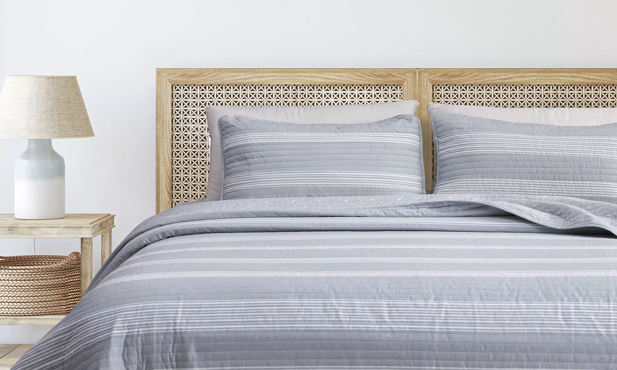 Striped Microfiber Reversible Quilt Set With Shams - Primary Image