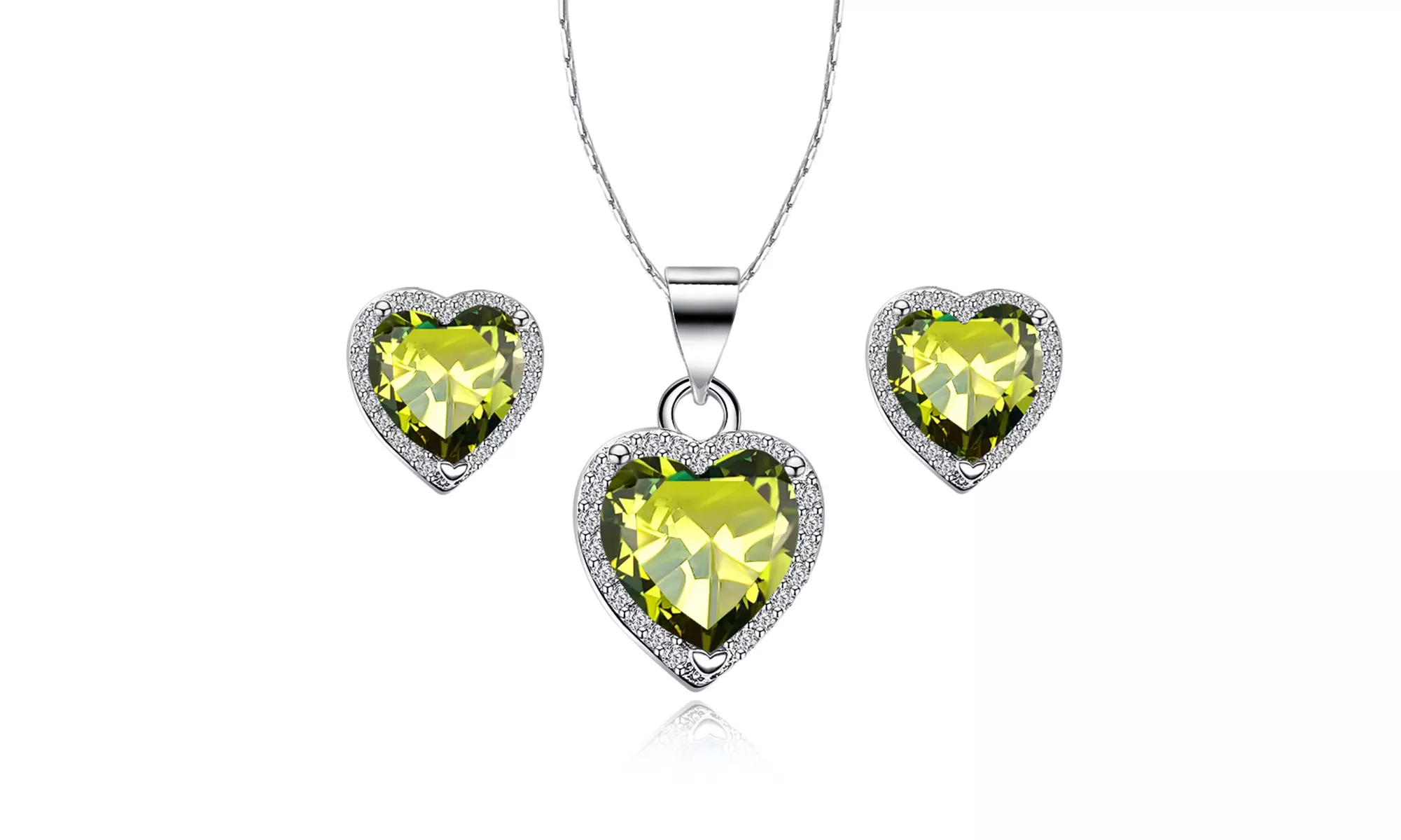 24k White Gold Plated Silver 2 Ct Heart Peridot Necklace & Earrings Set