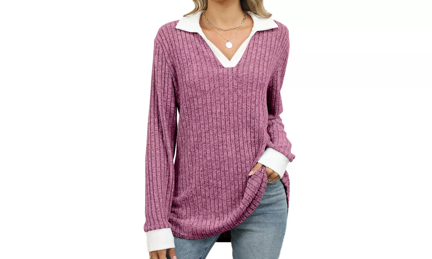 Women's Long Sleeve Lapel Blouse V-Neck Ribbed Knit Tunic Top
