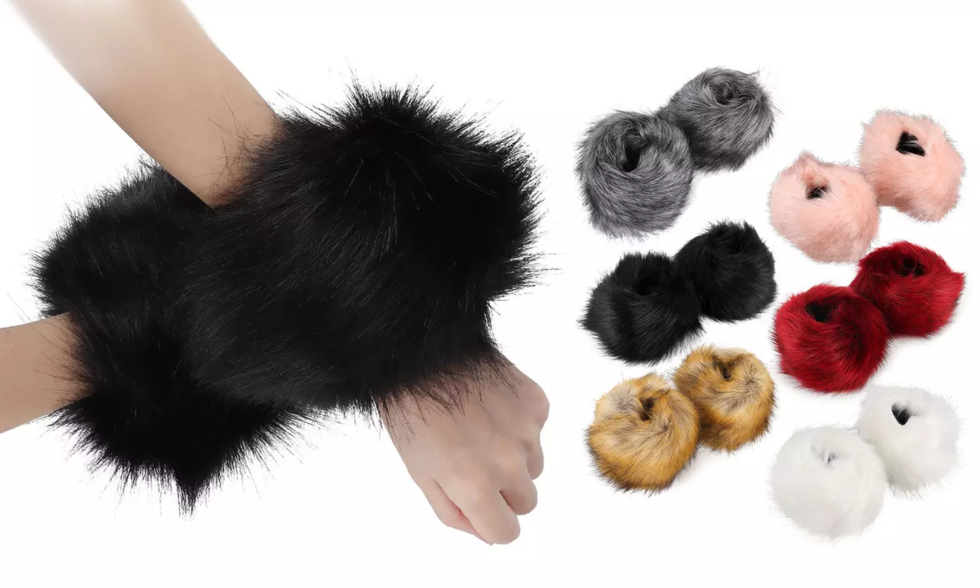 Women Faux Fur Fuzzy Wrist Cuffs Winter Furry Bands Arm Warmer - Primary Image