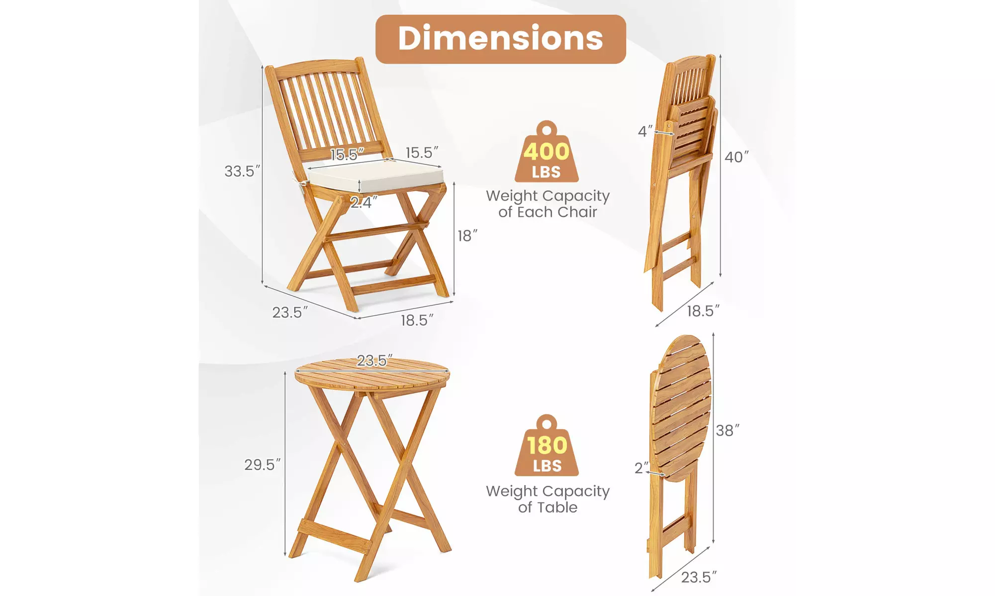 Costway Outdoor Folding Chairs Acacia Wood High-Back Chair with Seat Cushions