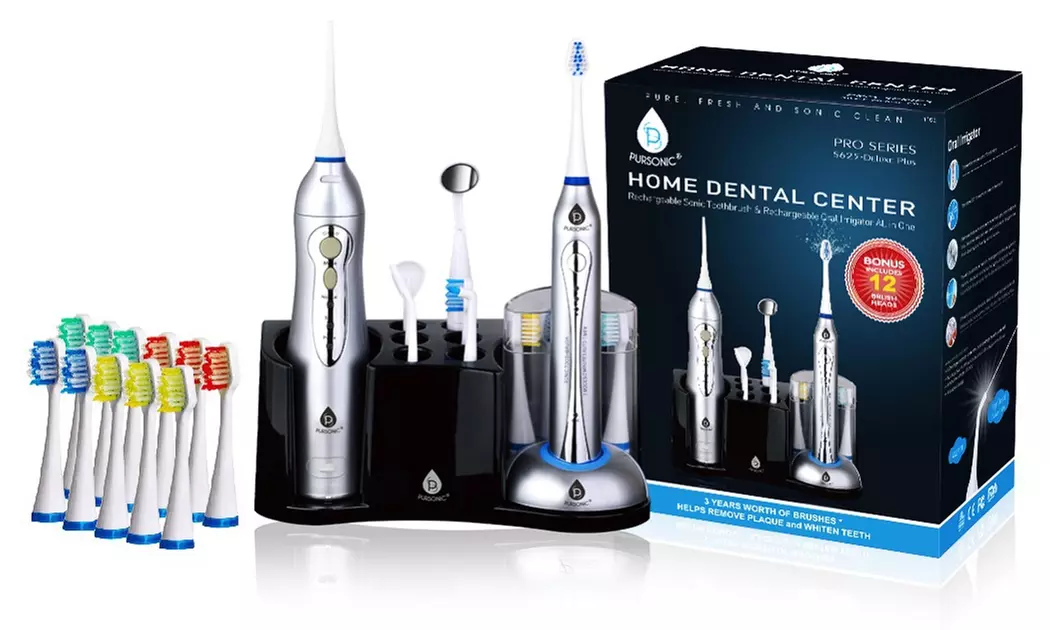 Pursonic Rechargeable Sonic Toothbrush & Water Flosser w/ 12 Brush Heads - Primary Image