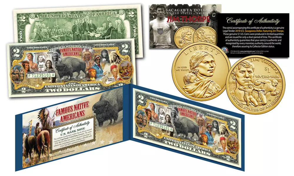 Famous Native Americans Two-Dollar Bill w/ Jim Thorpe Sacagawea 2018 Dollar Coin - Primary Image