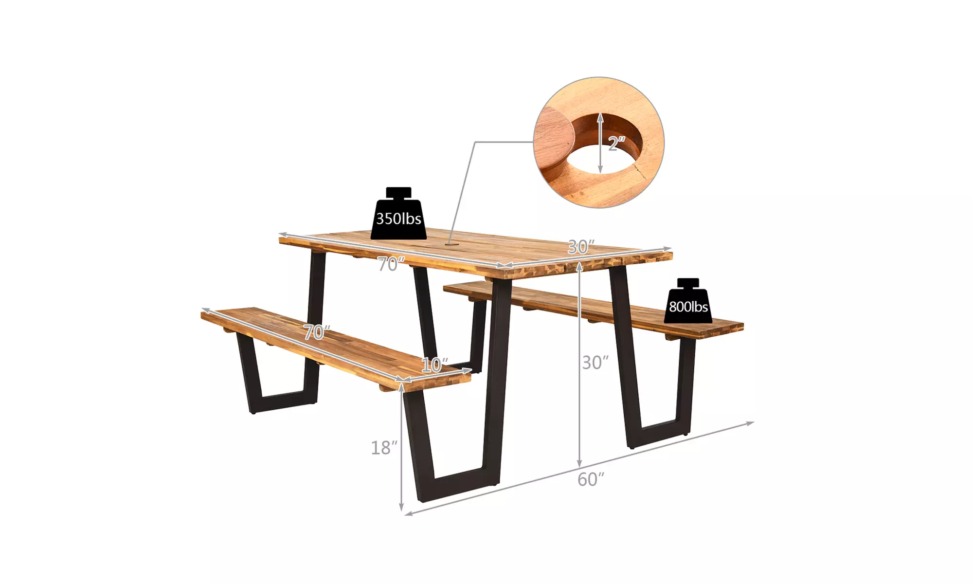 Picnic Table Bench Set Outdoor Camping Wooden 2 Built-in Benches w/Umbrella Hole