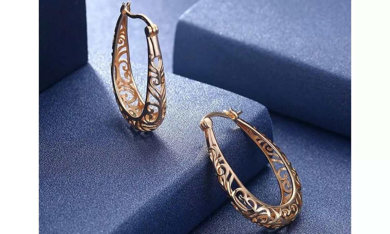 Italian Made 925 Sterling Silver Oval Filigree Hoop Earrings