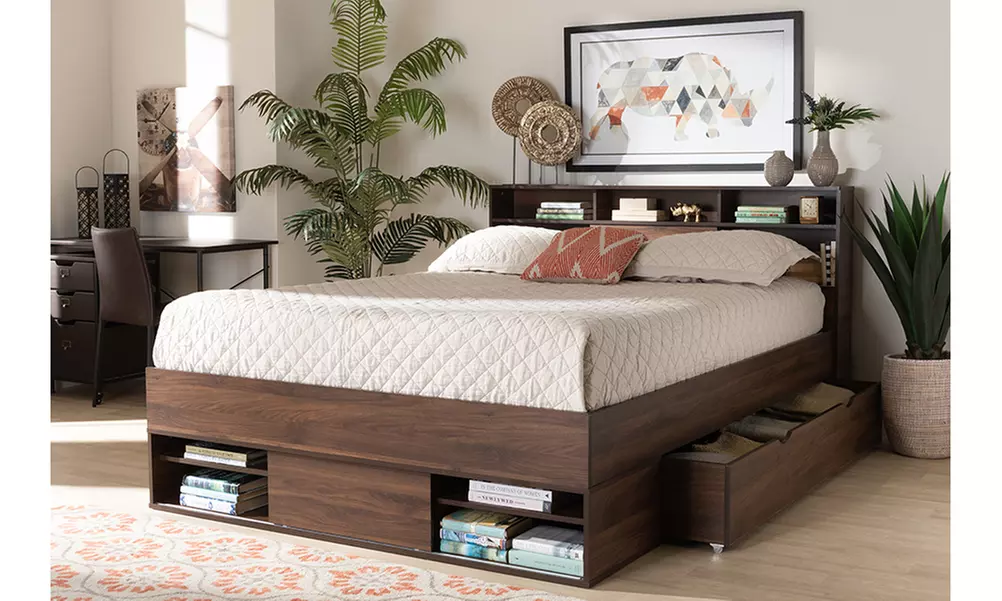 Tristan Walnut Brown Wood 1-Drawer Platform Storage Bed with Shelves - Primary Image