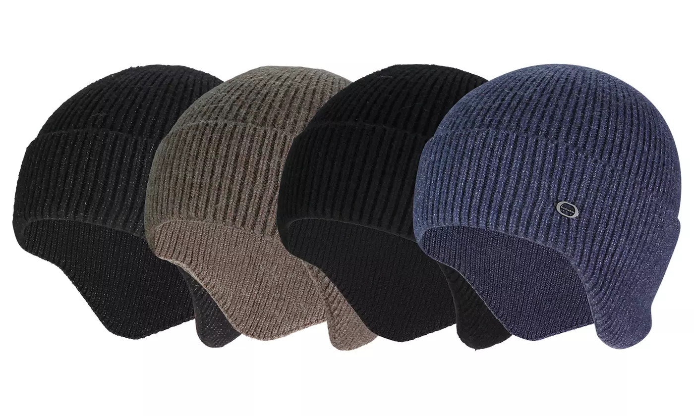Mens Winter Warm Knit Fleece Lined Beanie Hat with Ear Flaps