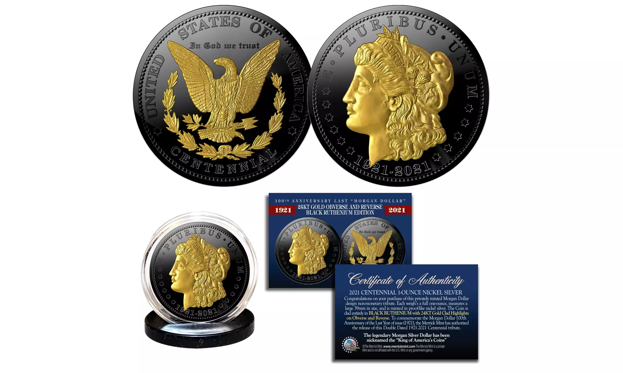 Morgan Dollar Tribute Coin 100th Anniversary 1921-2021 Black Ruthenium w/24 GOLD - Primary Image