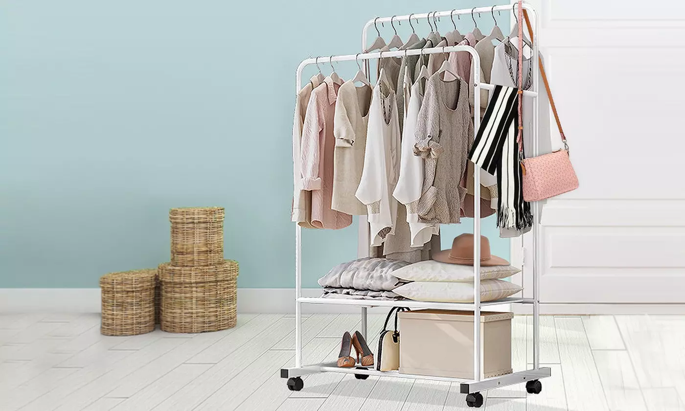 NewHome 2-Tiers Rolling Clothes Hanging Rail Rack Garment Organizer w/ 2 Shelves - Primary Image