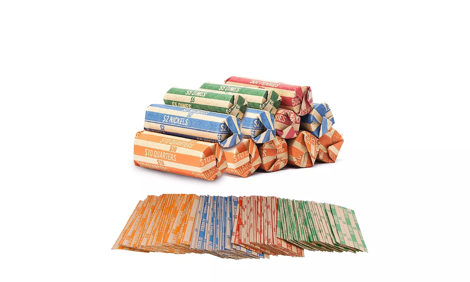 Coin Roll Wrappers 500-Count -Bundle of 125 Each, Quarters Nickels Dimes Pennies - Primary Image