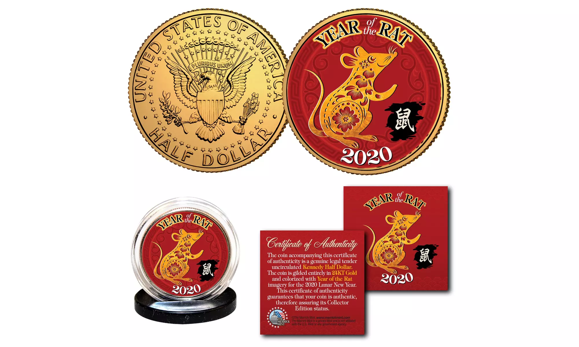 2020 Chinese New YEAR OF THE RAT 24K Gold Plated JFK Half Dollar Coin with Stand - Primary Image