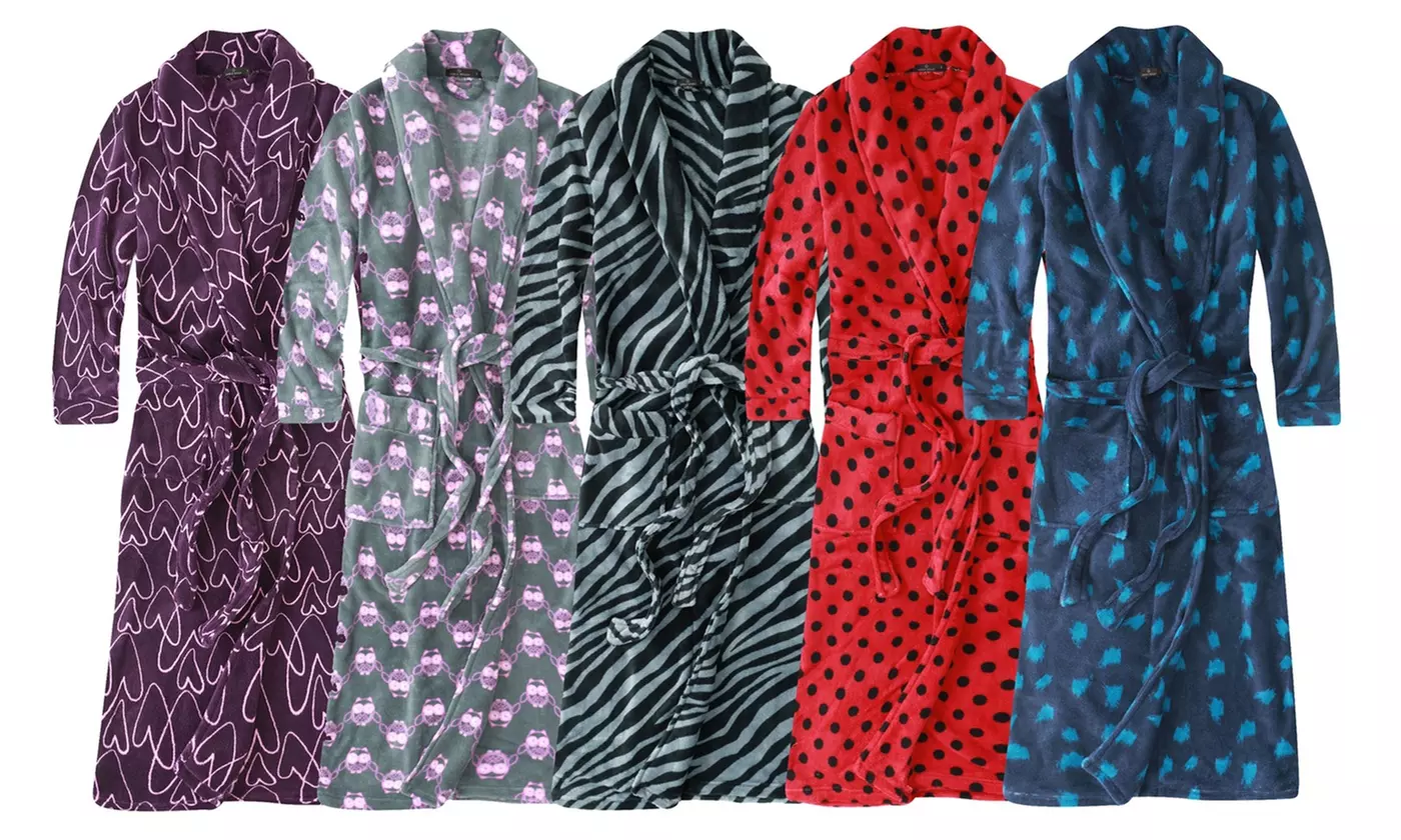 Women's Luxury Super-Soft Printed Coral Fleece Robes with Patch Pockets - Primary Image