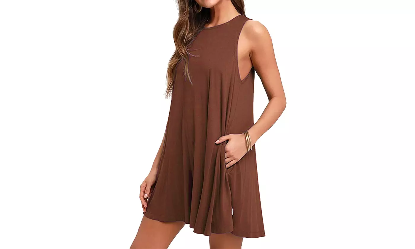 Women's Summer Casual T Shirt Dresses Pockets Sleeveless Beach Dress