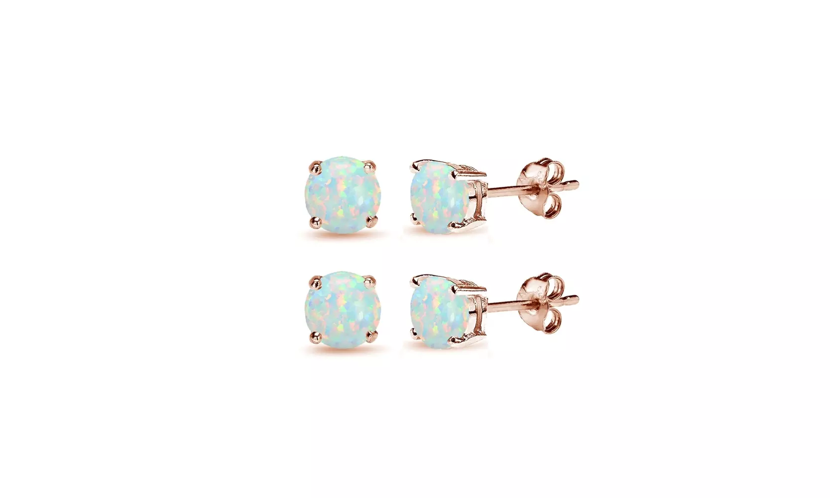 Synthetic White Opal 6mm Round Rose Gold Flash Silver Stud Earrings, Set of 2