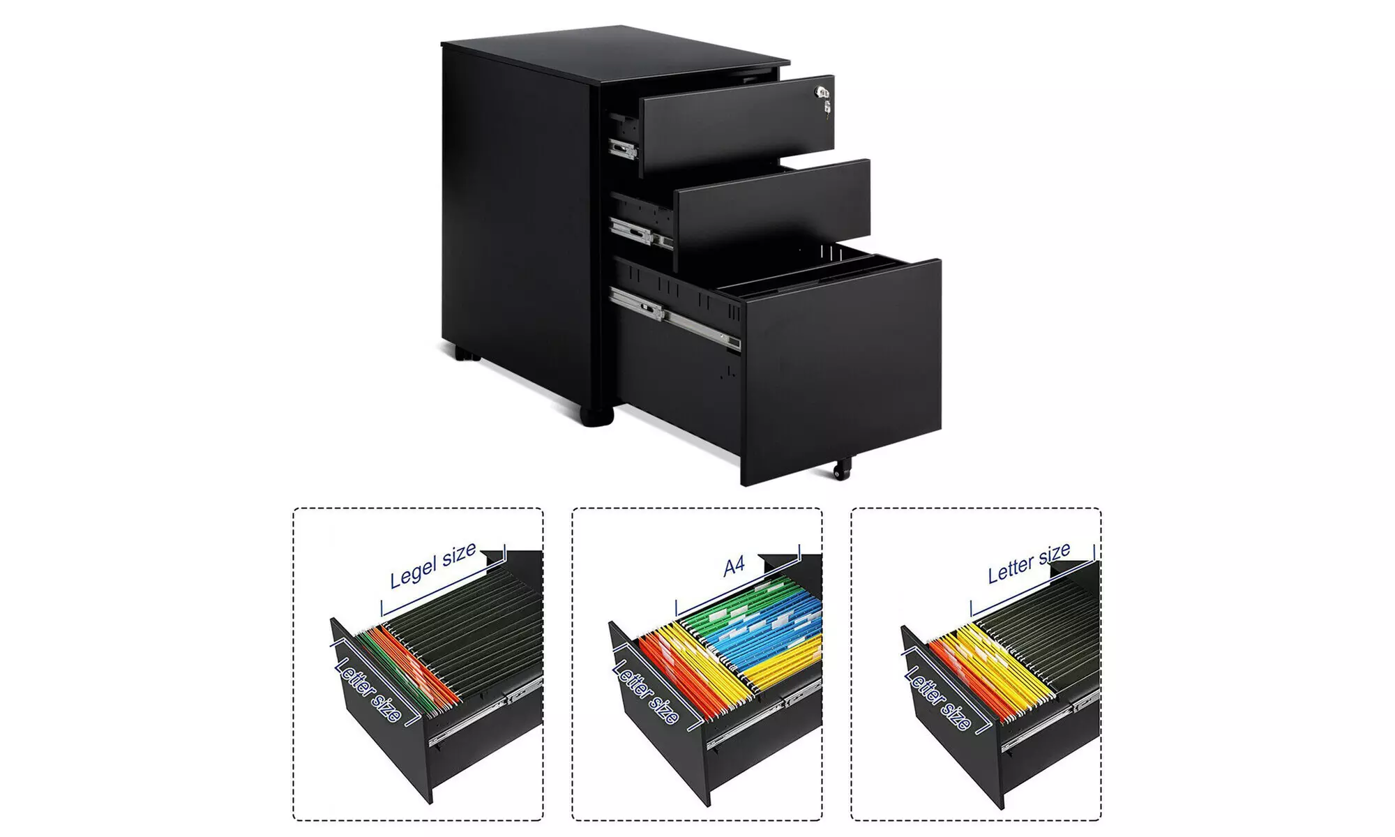 Costway Locking Filing Cabinet-Black,Pedestal Under Desk W/Wheels and Drawers