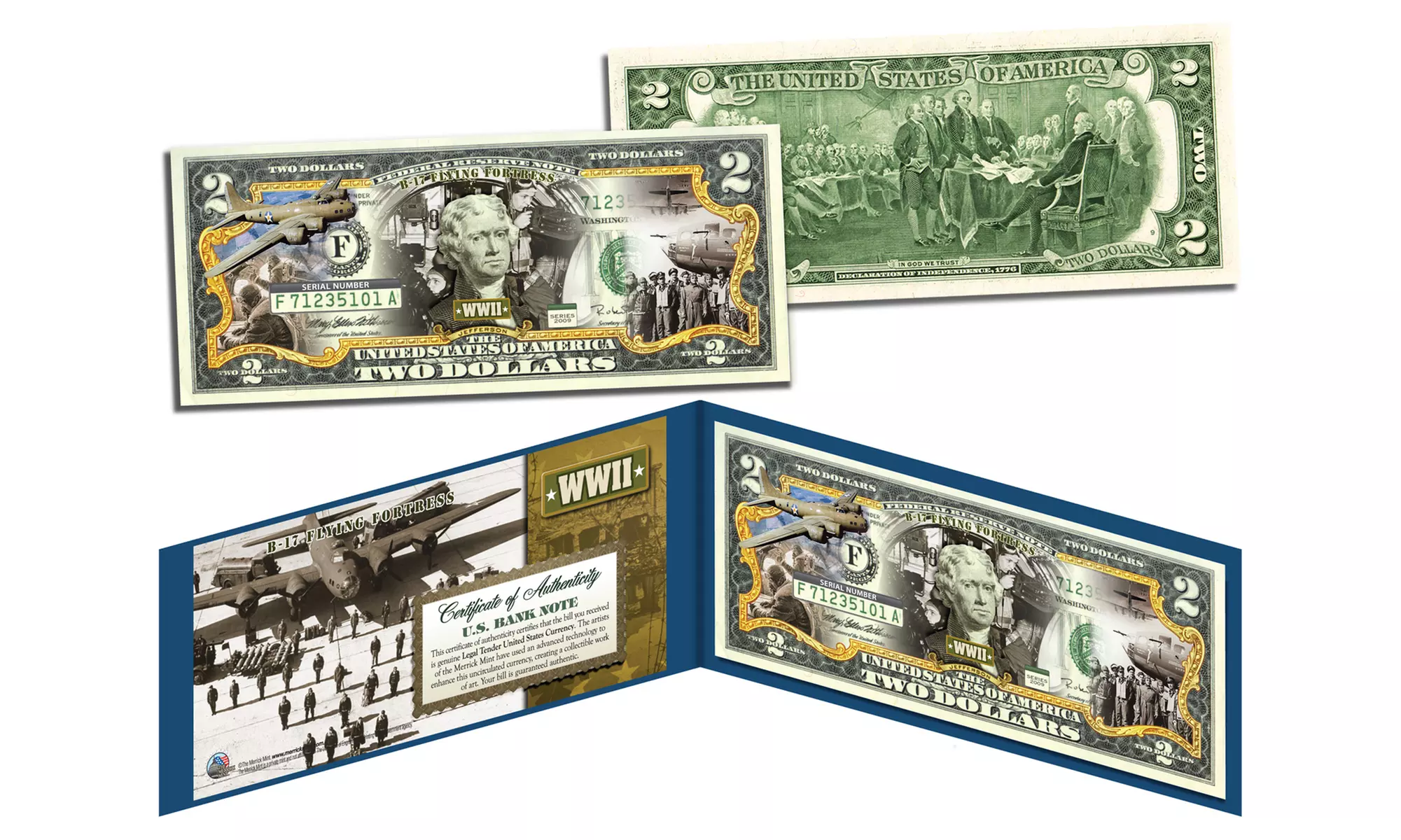WORLD WAR II Colorized 2 Dollar Bills U.S. Legal Tender - Collect All 3 - Second Medium