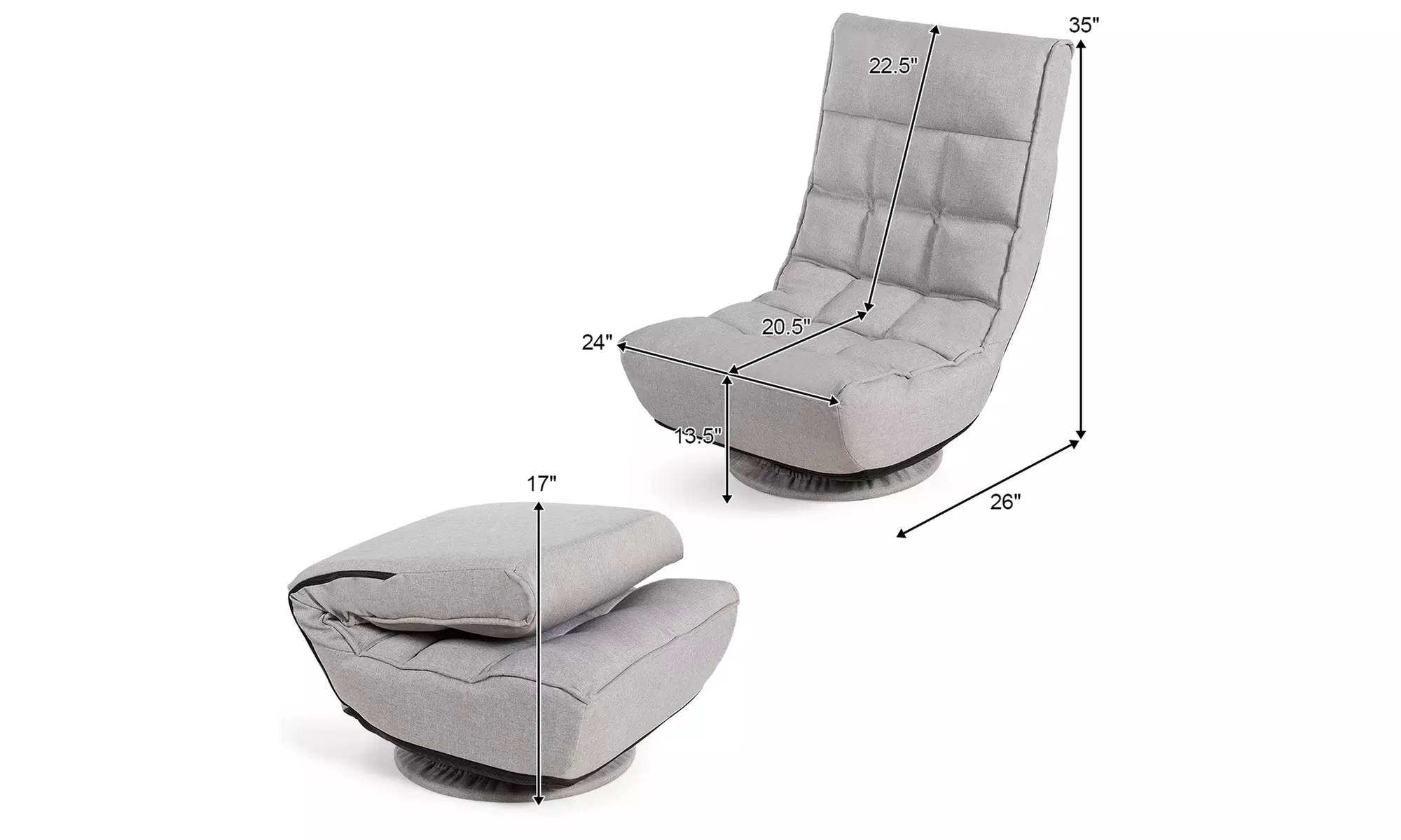 Folding Game Chair Floor Lazy Sofa 4-Position Adjustable 360 Degree Swivel Gray