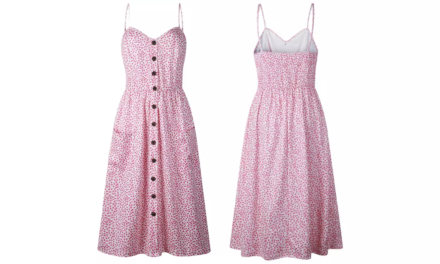 Womens Floral Summer Dress Spaghetti Straps Pocket Sundress Beach Midi Dress