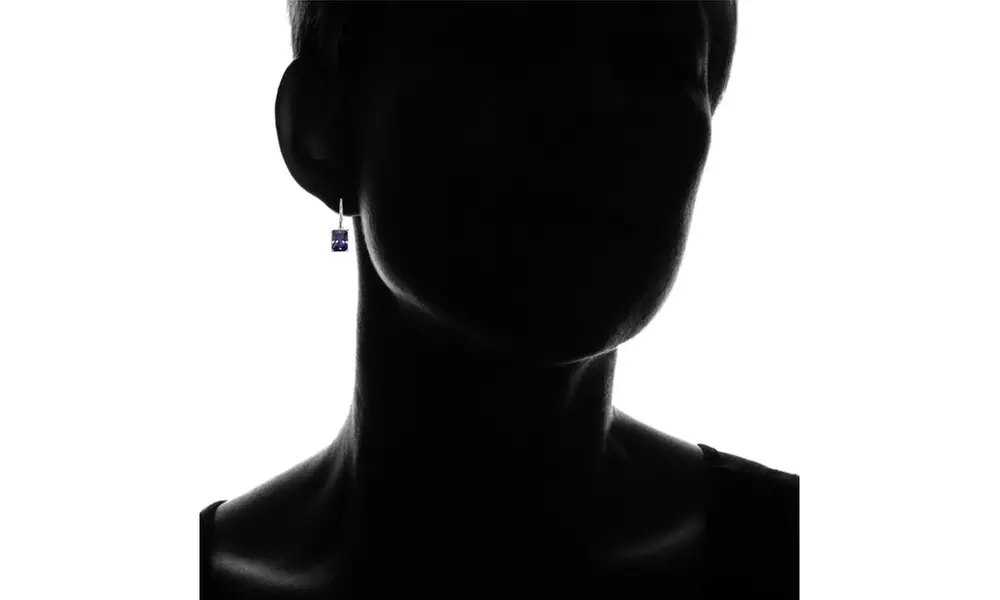 Sterling Silver Cubic Zirconia Amethyst Emerald-Cut Leverback Earrings