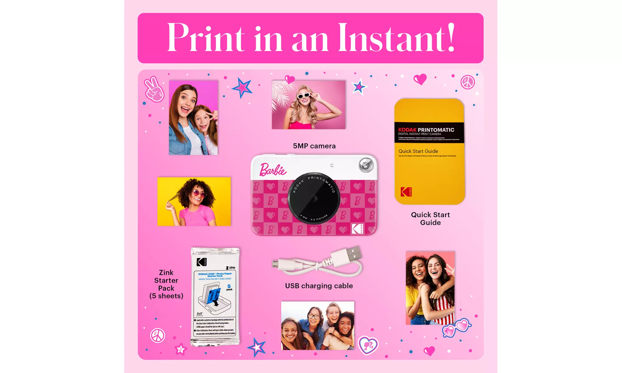 Barbie x Kodak Printomatic 2x3 Instant Print Camera, 5MP Portable Camera