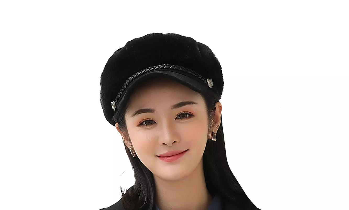  Women Winter Warm Plush Octagonal Berets Cap Fashion Leather Rope Visor Hats - Primary Image