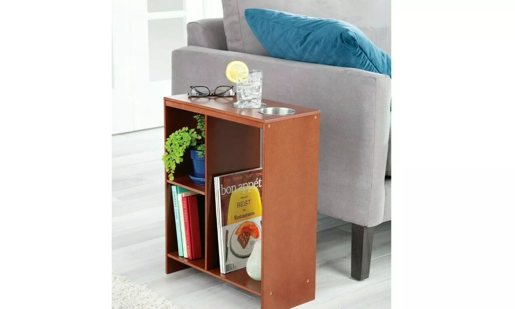 Narrow Space Saving Side End Sofa Table Drink Cup Holder Storage Book Shelf New - Primary Image
